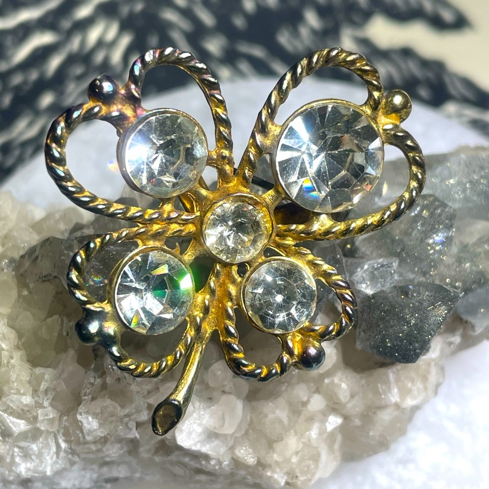 🖤 Vintage 🖤 Lucky 4 Leaf Clover Gold & Rhinestones Brooch Pin 🍀 Mid Century